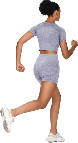 Vista 3 de Sytiz Conjunto de 2 piezas de yoga sin costuras para mujer pantalones cortos de gimnasio y camiseta corta de manga corta