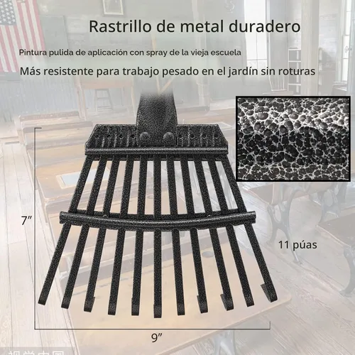 Vista 3 de Oliynedy Rastrillo de jardín de metal ajustable para hojas, mango largo de 30 a 60 pulgadas, 11 dientes de 9 pulgadas de ancho, rastrillo plegable