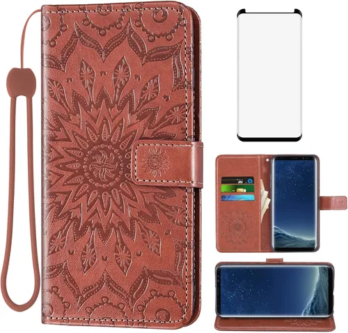 Vista 13 de Funda de teléfono para Samsung Galaxy S8 con protector de pantalla de vidrio templado, funda de cuero con tapa de girasol, soporte para tarjetas