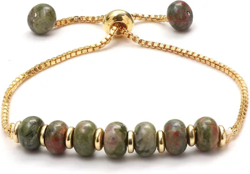 Vista 10 de Gempires - Pulsera de cuentas redondas naturales, chapada en oro amarillo de 14 quilates, joyería hecha a mano, pulseras ajustables para mujer