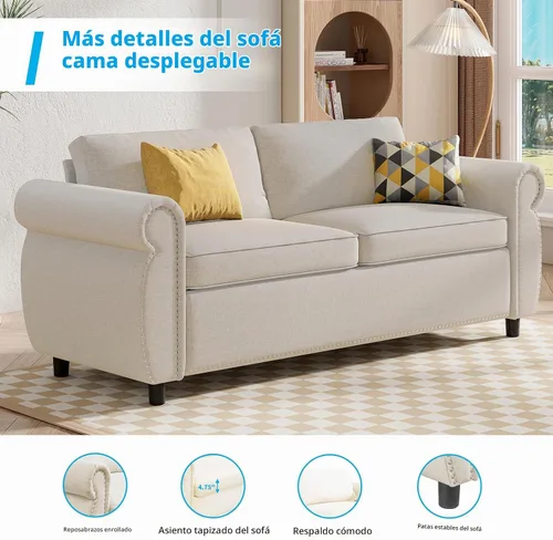 Vista 5 de Mjkone Sofá cama extraíble de tamaño matrimonial con colchón de espuma de 3.2 pulgadas, sofá cama convertible 2 en 1 con reposabrazos de cabeza