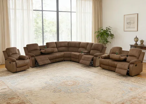 Vista 45 de Juego de sofá seccional reclinable manual, juegos de muebles de sala de estar, sofá seccional en forma de L y 2 sillas, cómodo sofá reclinable
