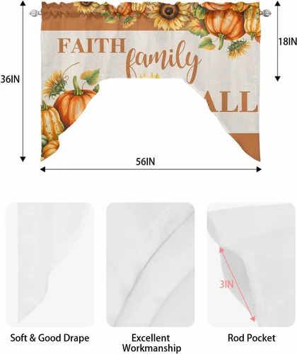 Vista 6 de Cortinas de cocina con cenefa de girasol y calabaza, cenefa con bolsillo para barra, paneles de cortina para dormitorio, sala de estar, baño