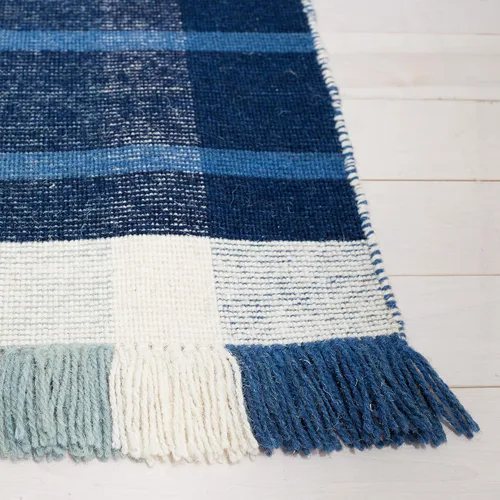 Vista 4 de SAFAVIEH Striped Kilim Collection STK707M - Alfombra de lana de tejido plano de 2 pies 3 pulgadas x 8 pies, color azul/beige