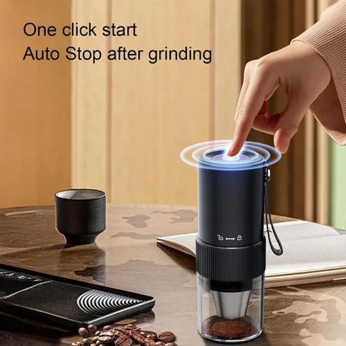 Vista 9 de Generic Molinillo de café eléctrico portátil con mango recargable por USB, parada automática, silencioso, ajustable, pequeño, de acero inoxidable