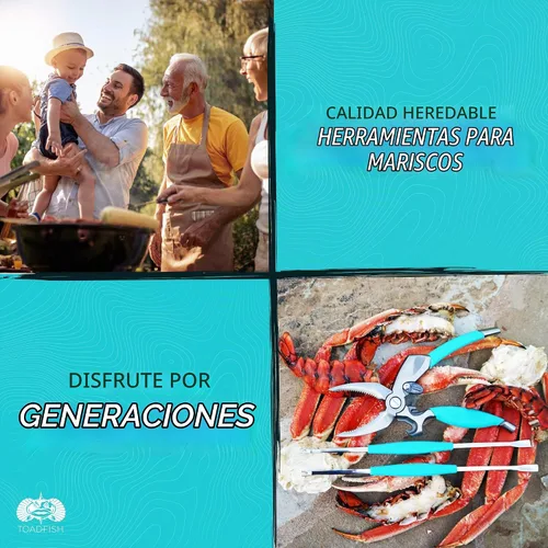 Vista 8 de Juego de herramientas para mariscos Toadfish Cangrejo y Langosta - 2 cascadores de concha con cortadores y 4 tenedores de uso múltiple - Agarres