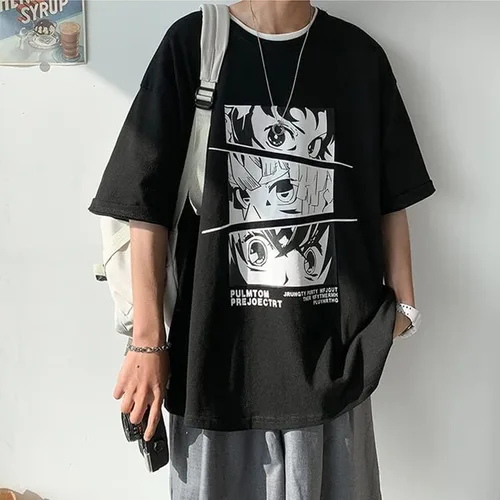 Vista 6 de CYee Camisetas gráficas de anime Dark Academia para hombre, estilo grunge, de manga corta, de gran tamaño, ropa urbana Preppy Cyberpunk Techwear