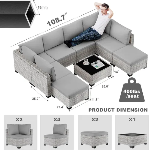 Vista 9 de Juego de sofá modular de mimbre de polietileno para exteriores Gris