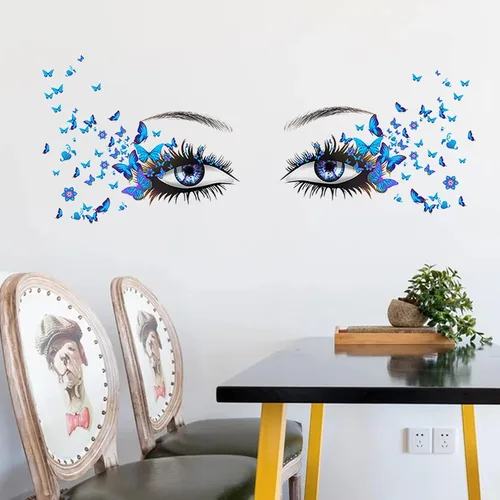 Vista 2 de Calcomanías de pared azules con ojos de pestañas, 4 hojas, vinilo mate premium, calcomanías de mariposa, impermeables, para mujeres y niñas