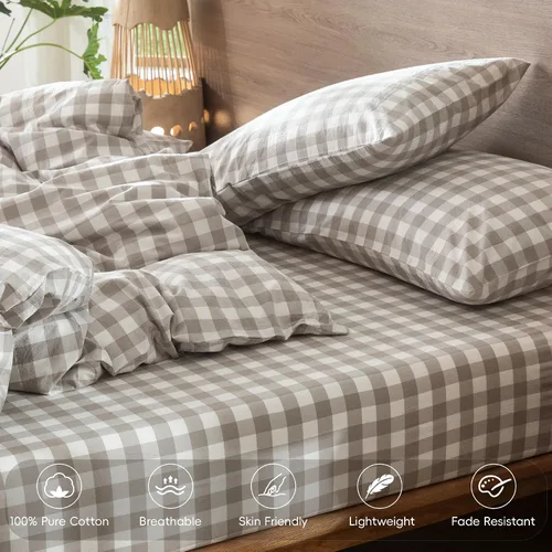 Vista 3 de MooMee Juego de 2 fundas de almohada de cuadros 100% algodón lavado con textura parecida al lino, transpirable, duradera, suave y cómoda