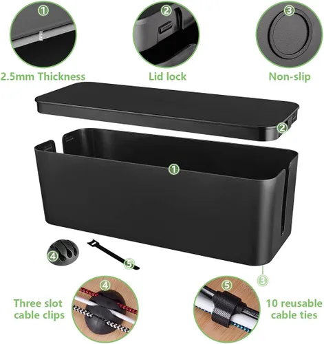 Vista 4 de Caja organizadora de cables, caja organizadora de cables grande para ocultar la regleta de alimentación y debajo del escritorio, organizador de Negro