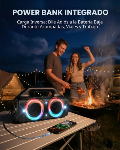 Vista 6 de Altavoz Bluetooth impermeable IP67: 80 W (pico), altavoces inalámbricos portátiles para exteriores con luces LED, tiempo de reproducción de 20