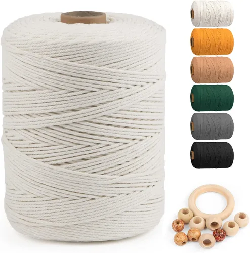 Vista 80 de ZUEXT Cordón de algodón para macramé de 4 mm x 500 m, ZUEXT Cordones trenzados naturales hechos a mano en verde manzana de 4 hebras, cuerda de lana