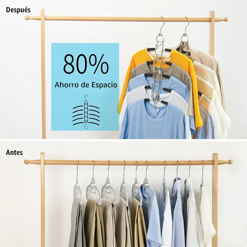 Vista 3 de Nature Smile Paquete de 4 perchas antideslizantes 5 en 1, perchas de metal mágicas que ahorran espacio, perchero de ropa de armario de varias capas