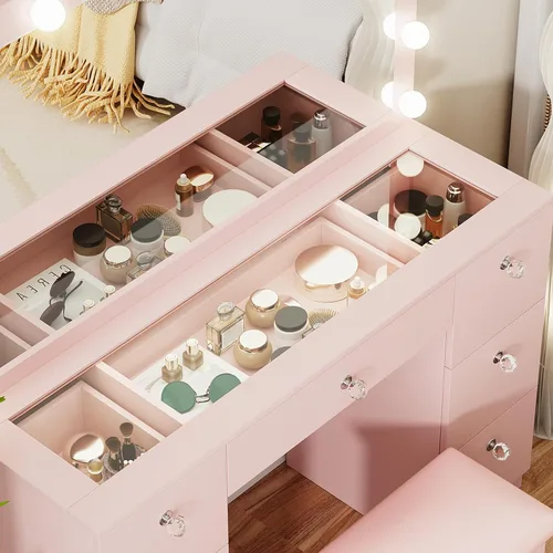 Vista 4 de VOWNER Tocador con espejo iluminado: escritorio de maquillaje con parte superior de vidrio con 7 cajones y toma de corriente, 3 modos de iluminación