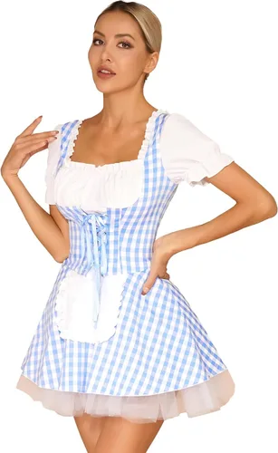 Vista 2 de YiZYiF Disfraz de sirvienta de anime para mujer, vestido de delantal con volantes, vestido de fiesta de Halloween, escenario, vestido elegante