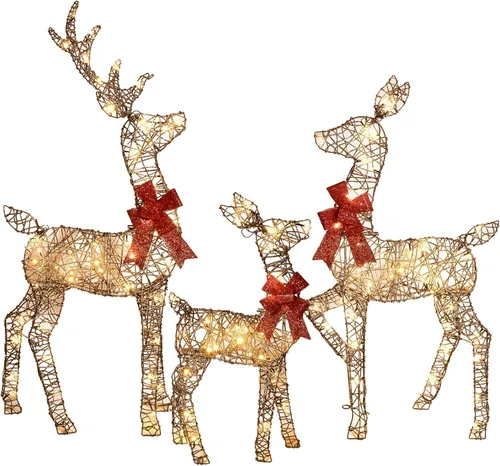 Vista 11 de 2 piezas de ciervos de Navidad grandes iluminados, decoración de patio de HOYECHI al aire libre, reno de ratán con 85 luces LED, estacas, lazos