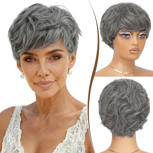 Vista 21 de RUWISS Peluca de cabello humano con corte Pixie, peluca de cabello humano con flequillo, peluca negra corta natural en capas, ondulada