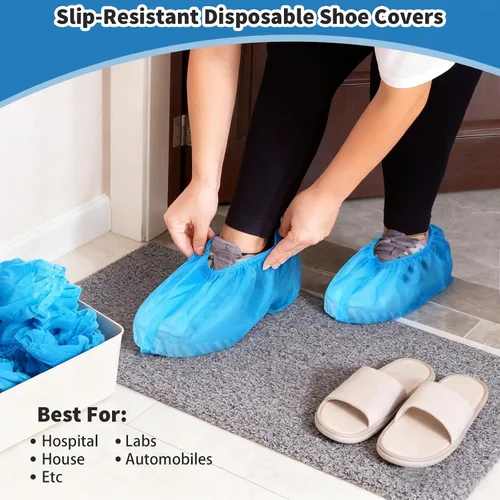 Vista 4 de 520 fundas desechables para botas a granel, desechables, no tejidas, protector de zapatos azul, protector antideslizante para museo, hogar, escuela
