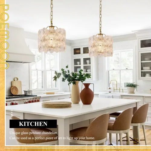 Vista 2 de Lámpara colgante de cristal dorado, paquete de 1 lámpara colgante de techo pequeña con flores modernas, 1 luz para cocina, isla, fregadero, comedor