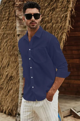 Vista 4 de JMIERR Camisa de vestir de manga larga con botones y lino de algodón para hombre