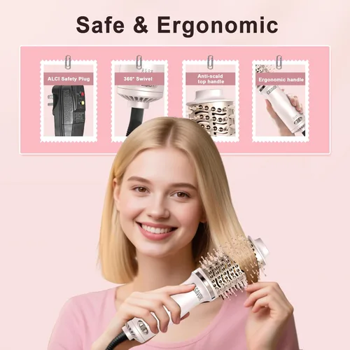 Vista 6 de Cepillo Secador de Cabello de Doble Voltaje para Viajes, Cepillo Secador 4 en 1, Mini Cepillo de Aire Caliente de 2 Pulgadas para Cabello Corto