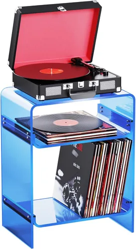 Vista 21 de Mesa de tocadiscos de acrílico con estante de almacenamiento, mesa auxiliar transparente mesita de noche (negro, mediano)