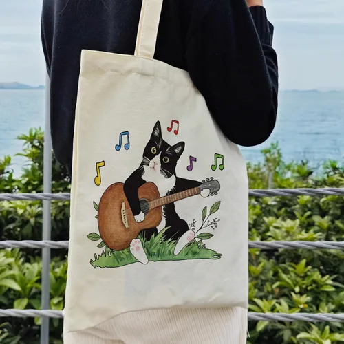Vista 4 de Dlzdn Bolsa de lona con diseño de gato con música para mujeres, estética, divertida, bonita, esmoquin, gato, jugando a la guitarra, bolsa