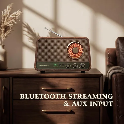 Vista 4 de Radio Bluetooth AM FM de madera vintage, sonido potente de 10 W