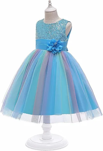 Vista 3 de Vestido de fiesta de lentejuelas para niñas de flores, vestido de fiesta de tul de tul de princesa, vestido de baile de graduación, Arco iris