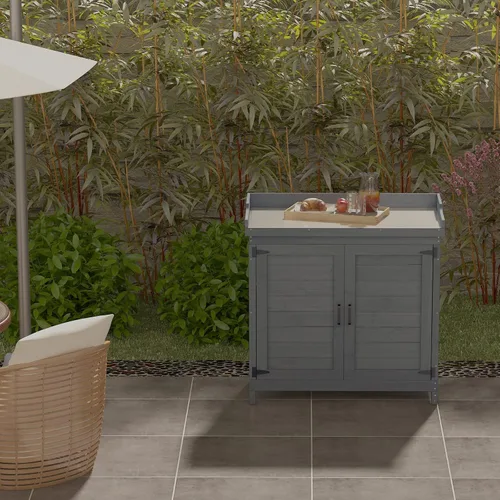 Vista 8 de Gabinete de Almacenamiento de Madera para Jardín Exterior Patio Muebles Cobertizo de Herramientas Impermeable con Bancos para Macetas Mesa de Gris