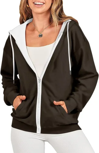 Vista 2 de Sudaderas con capucha y cremallera completa para mujer, manga larga, lisas, con capucha, ajuste holgado, casual, a la moda, para otoño