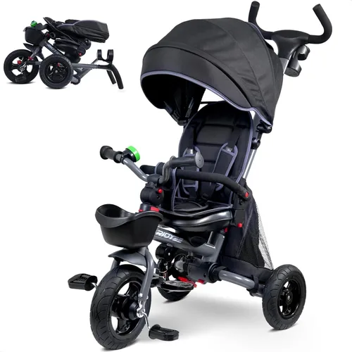 Vista 8 de RIDYEE 7-en-1 Triciclo plegable para niños pequeños de 18 meses a 5 años, cochecito triciclo con frenos duales, neumático de goma todo terreno