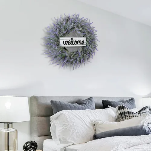 Vista 8 de Coronas de primavera de 24 pulgadas para puerta delantera, corona artificial de lavanda con letrero de bienvenida y colgador, morado