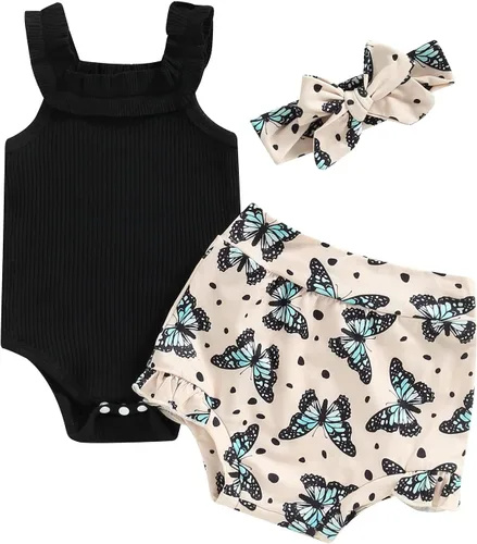 Vista 154 de TheFound Trajes de verano para niñas pequeñas, sin mangas, de punto acanalado, halter, pantalones cortos, ropa para recién nacidos, conjunto de 3