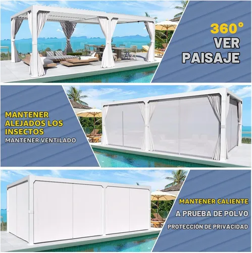 Vista 7 de MELLCOM Pérgola con listones de 10x20 con techo ajustable con cortinas y Blanco