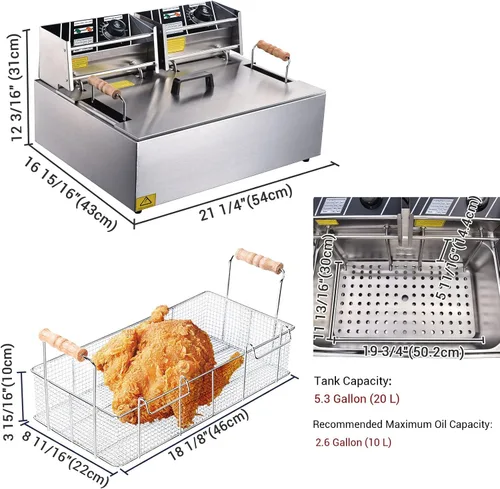 Vista 4 de Ampersand Shops - Freidora eléctrica comercial de 20 litros con cabezales eléctricos duales para papas fritas, maíz, perros, pollo frito, calidad