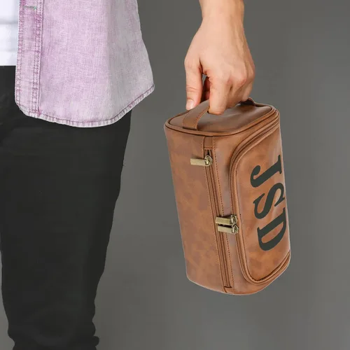 Vista 3 de Neceser de cuero personalizado para hombres con gancho, regalo de padrinos de boda, bolsa de viaje con grabado láser, monograma de cuero, regalo