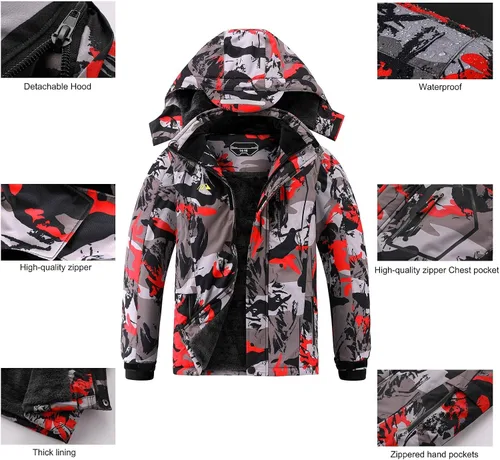 Vista 6 de Chaqueta de esquí para niños, impermeable, transpirable, con forro polar, resistente al viento, abrigos de snowboard con capucha, Nieve