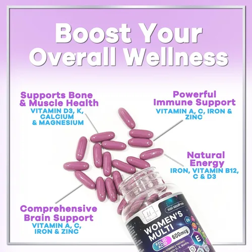 Vista 5 de Multivitamínico para mujer – Multivitaminas diarias completas para mujer con biotina, calcio, ácido fólico, hierro, zinc, vitamina A, C, D, E y B