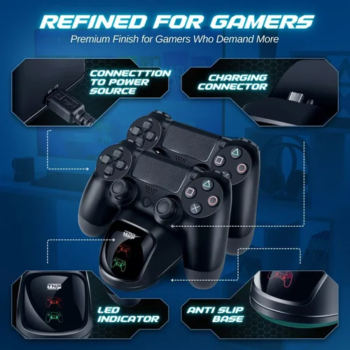 Vista 4 de TNP PS4 Controller Charging Station Dock Stand PS-4 Dualshock Control Gamepad USB Port Dual Charger Cradle Base with Cable & LED Indicator for Sony