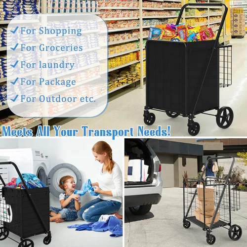 Vista 7 de Carrito de Compras Plegable de Servicio Pesado para Comestibles, Carritos de Comestibles Jumbo con Ruedas Giratorias de 360°, Bolsa Impermeable