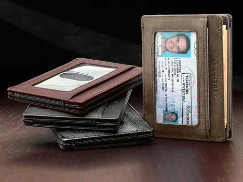 Vista 5 de Cartera compacta de manga RFID de cuero minimalista con clip de dinero 10 tarjetas