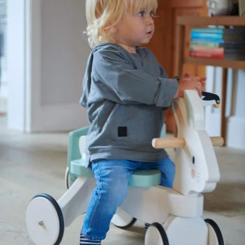 Vista 5 de Tender Leaf Toys - Carrera de conejo - Bicicleta temática de conejo de cuatro ruedas de madera con anillo de goma y mango - Desarrollo temprano