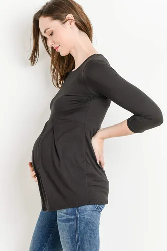 Vista 17 de LaClef - Blusa de maternidad para mujer, cuello redondo, manga 3/4, plisada al frente, estilo peplum