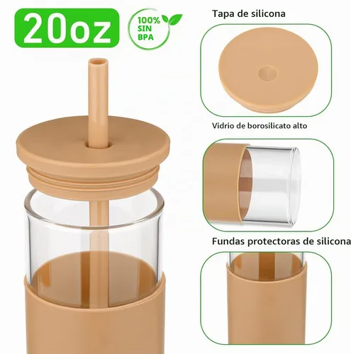Vista 8 de Tronco Vaso de vidrio de 20 onzas con tapas y pajitas, vasos reutilizables para batidos con tapa de silicona, taza de café helado con funda Negro