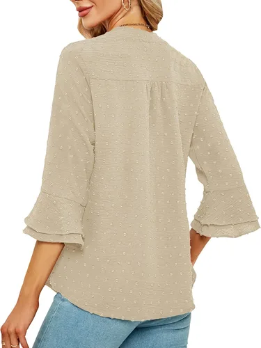Vista 3 de Blusas de gasa para mujer, manga 34, cuello en V, plisadas, con volantes, lunares suizos, blusas de trabajo para mujer, linda camisa de verano