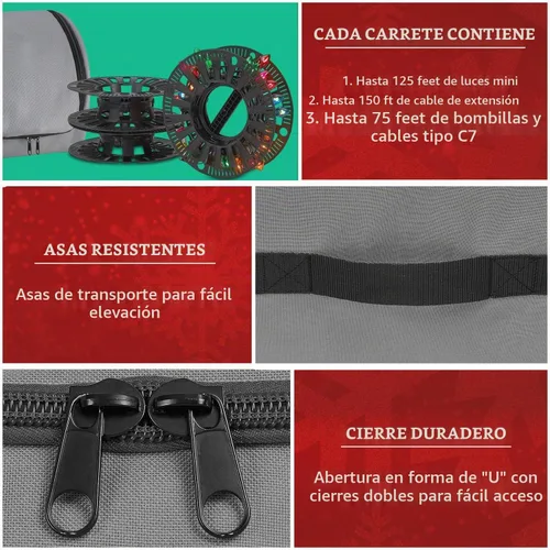 Vista 7 de Bolsa de Almacenamiento Premium para Luces de Navidad – Material 600D Resistente a Desgarros de Servicio Pesado con Asas Reforzadas – Incluye 3 Gris