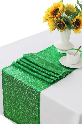 Vista 7 de Paquete de 10 caminos de mesa de lentejuelas verdes de 12 x 72 pulgadas para fiestas, bodas, aniversarios, cumpleaños, banquetes, compromisos