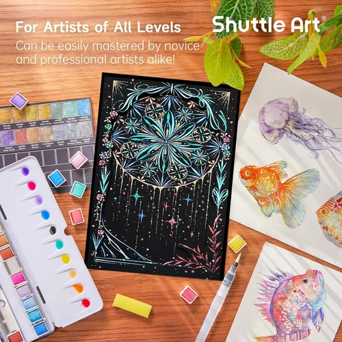 Vista 2 de Shuttle Art - Pinturas de acuarela metálicas, 24 colores de pintura de acuarela con purpurina en medias sartenes con pincel de agua, almohadilla